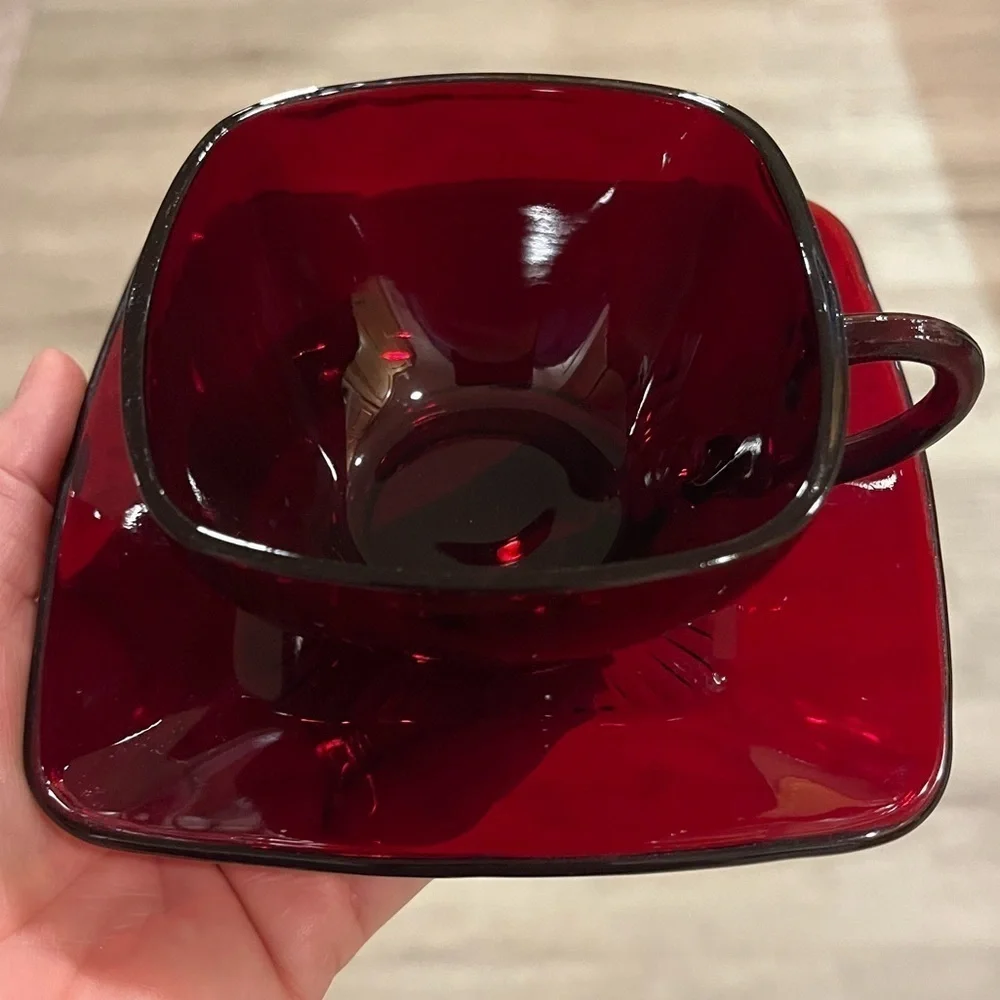 Anchor Hocking Royal Ruby Red Charm Square Tea Cup and Saucer Vintage